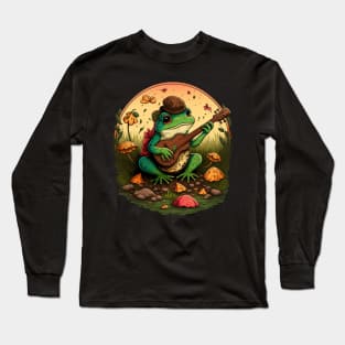 Cottagecore aesthetic cute frog playing ukelele on Mushroom Long Sleeve T-Shirt